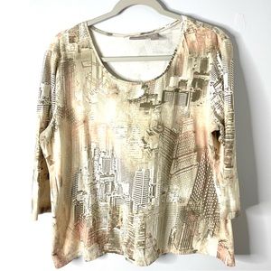 Chico’s Top XL 3 Abstract Cityscape Print Brown Beige